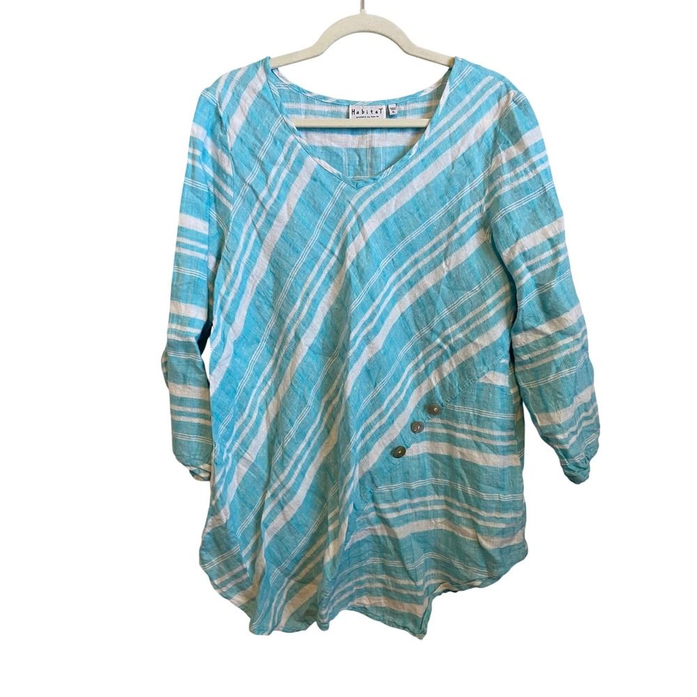Habitat‎ Women's Blue White Stripe Linen Tunic Shirt Top Size XL